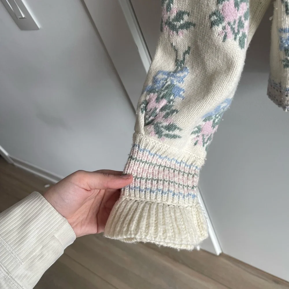 Love Shack Fancy Floral Knit Cardigan Sweater - White and Blue - Picture 4 of 8